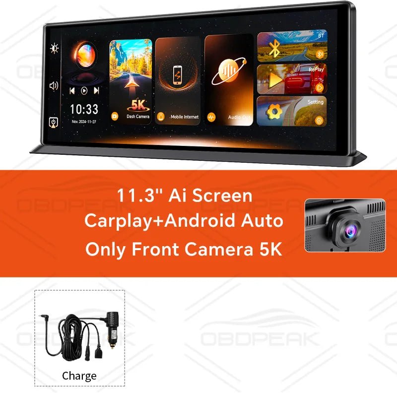 11.3" Ai Screen Carplay+Android Auto with front camera and charging cable on a white background