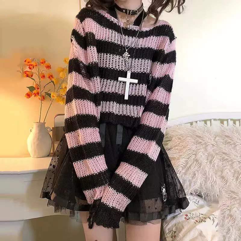 Women's Punk Gothic Style Aesthetic Sweater Dress Striped Distressed Holes Jumpers