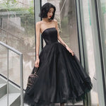 Elegant Strapless Black Tulle Midi Dress Prom Gown