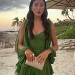 Sexy Pleated Mini Dress Summer Fashion V-Neck w/ Split Long Sleeve A-Line Dresses Beach Holiday Dress