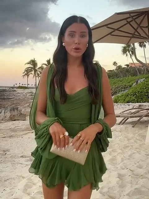 Mini Dress Women Pleated V-Neck Split Long Sleeve A-Line Casual Beach Holiday Summer Fashion Dress