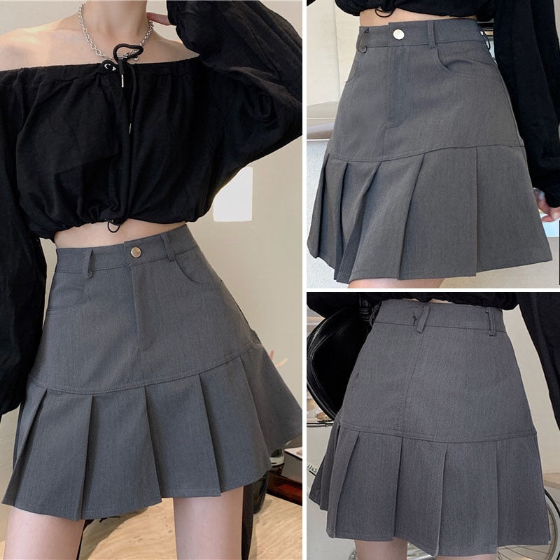 Girl's Half Drop Pleat Skirt School Uniform Women's Y2K High Waist Pleated Mini Skirt With Shorts Lining