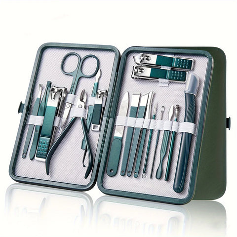 A stainless steel manicure and pedicure set displayed in an open green travel case, including nail clippers, scissors, and other grooming tools.