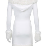 Furry White Bodycon Mini Dresses for Women Long Sleeve Hooded Party Club Dress Skinny Fit