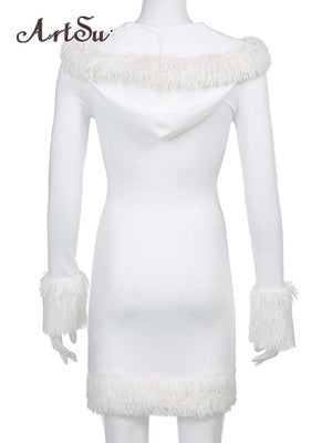 Furry White Bodycon Mini Dresses for Women Long Sleeve Hooded Party Club Dress Skinny Fit