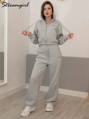 Brown Fleece Sweatsuit Set Women 2 Piece Crop Zip Hoodie Wide Leg Sweatpants Autumn Winter Loungewear
