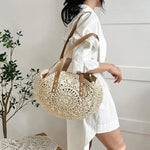 Handcrafted Round Straw Woven Beach Tote Bag Vacation Beach Hollow Out Shoulder Bag