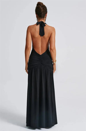 Elegant Halter Maxi Dress with High Slit in Deep Burgundy Black & White Colors