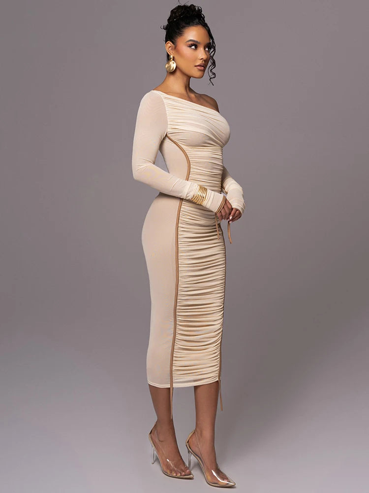 Diagonal Collar Long Sleeve Midi Dress Two Layer Mesh Backless Ruched Bodycon Club Party Sexy Long Dress