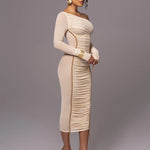 Diagonal Collar Long Sleeve Midi Dress Two Layer Mesh Backless Ruched Bodycon Club Party Sexy Long Dress