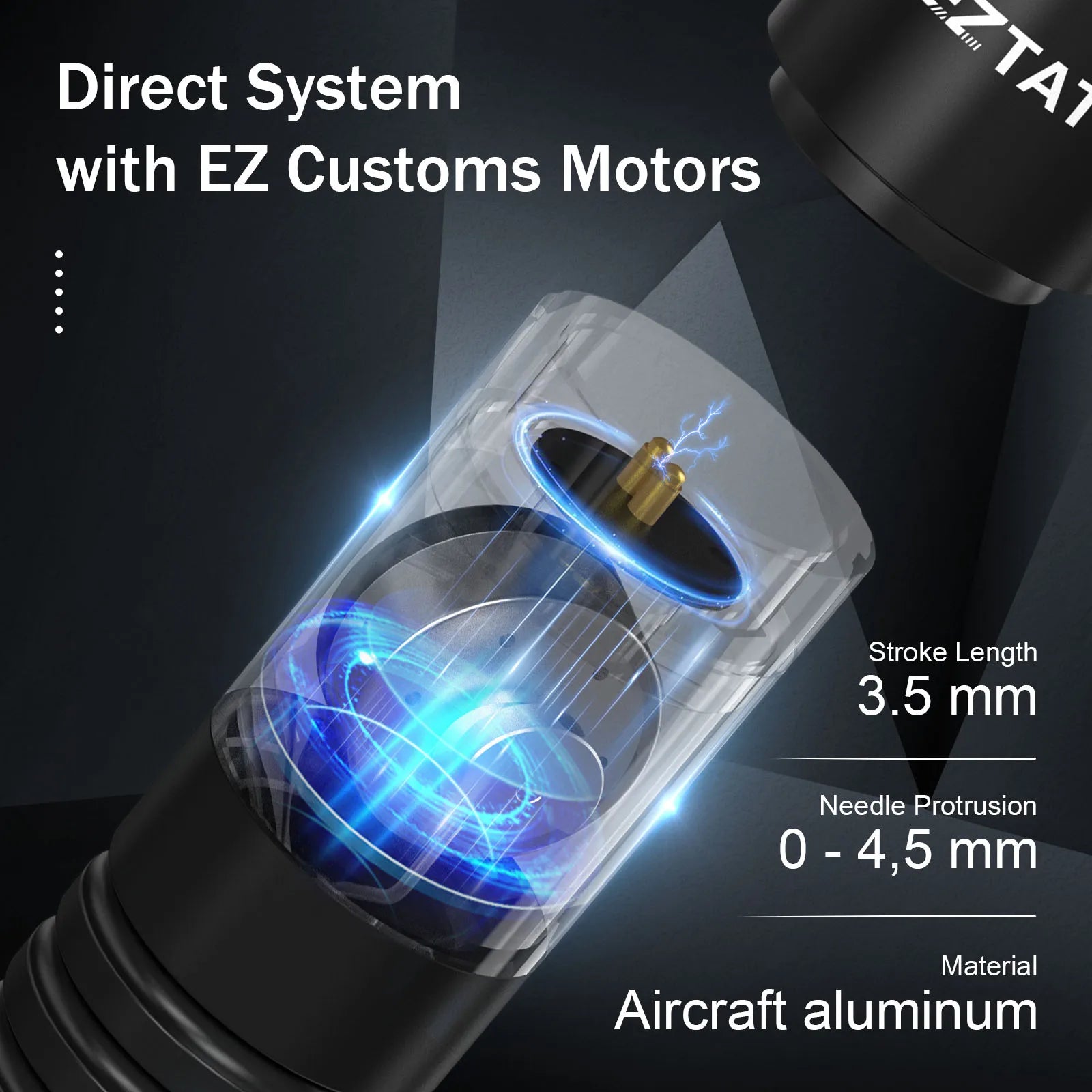 Technical diagram of a direct system with EZ Customs Motors, showing stroke length, needle protrusion, and material details.