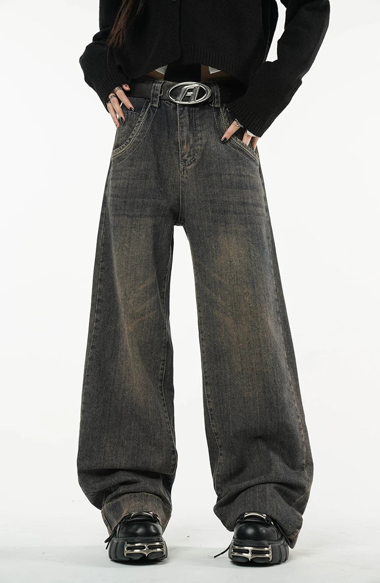 Women's Vintage Dark Blue Jeans High Waist Jeans American Streetwear Fashion Wide Leg Trousers Straight Baggy Denim Pants