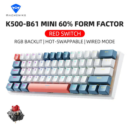 Mini Mechanical Keyboard 60% Form Factor 61Keys K500-B61 Gaming Keyboard Wired Full Key Hot-Swappable RGB Backlit Great Gift