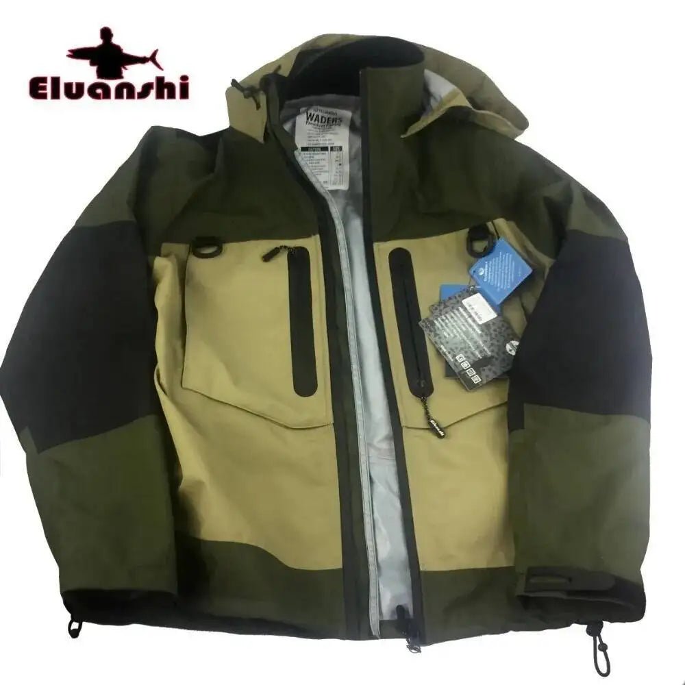 Green and beige jacket with tags on a white background, featuring the Elvanshi brand.