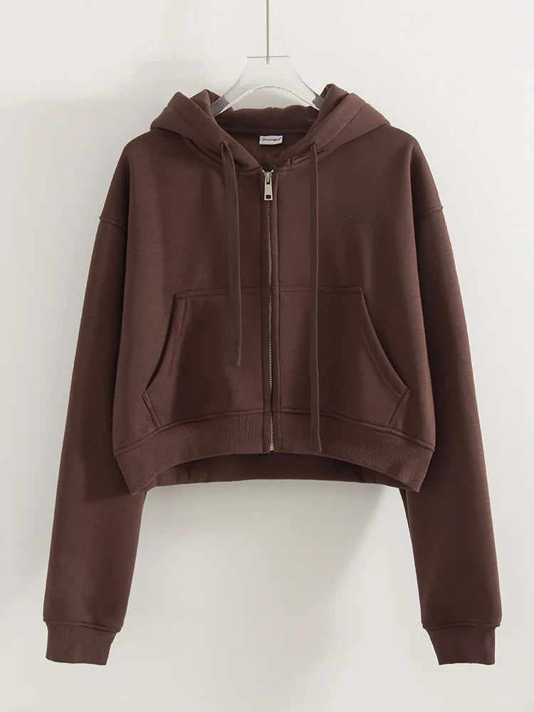 Brown Fleece Sweatsuit Set Women 2 Piece Crop Zip Hoodie Wide Leg Sweatpants Autumn Winter Loungewear