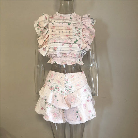 Women's Floral Patchwork Two Piece Set Cropped Top w/ Ruffle and Ruffled Mini Shorts Skirt