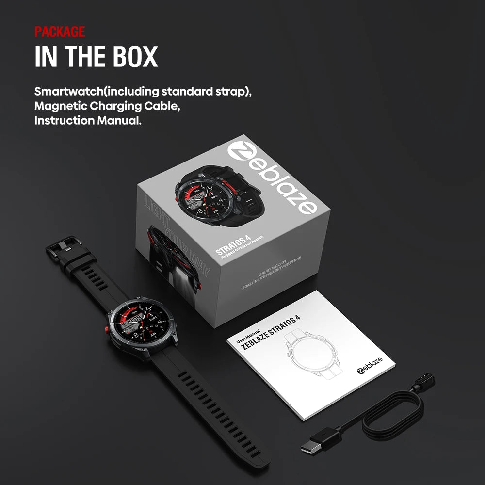Zeblaze smartwatch packaging with watch, charging cable, and instruction manual on a black background