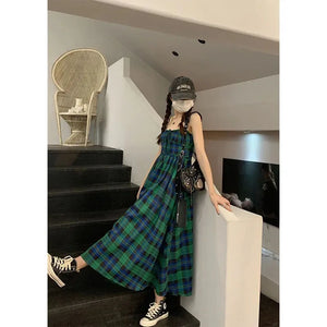 Plaid Teal Long Dress French Fashion High Waist Slip Dress Preppy Midi Dress