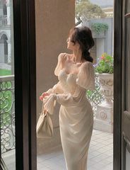 Vintage Elegant Puff Sleeve Midi Corset Dress Boutique Fashion Evening Prom Party Dress