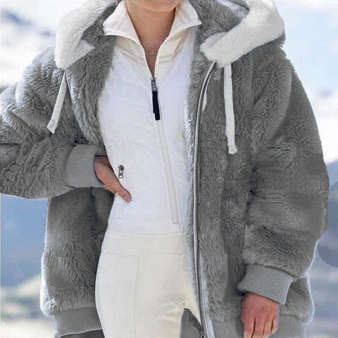 Plush Hooded Jacket Women Loose Zipper Warm Cozy Winter Casual Outerwear Fashion