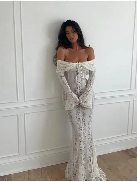 Off Shoulder Maxi Dress Lace Hollow Out Long Sleeve Empire Waist Tie-Up Sexy Sheath Gown Women