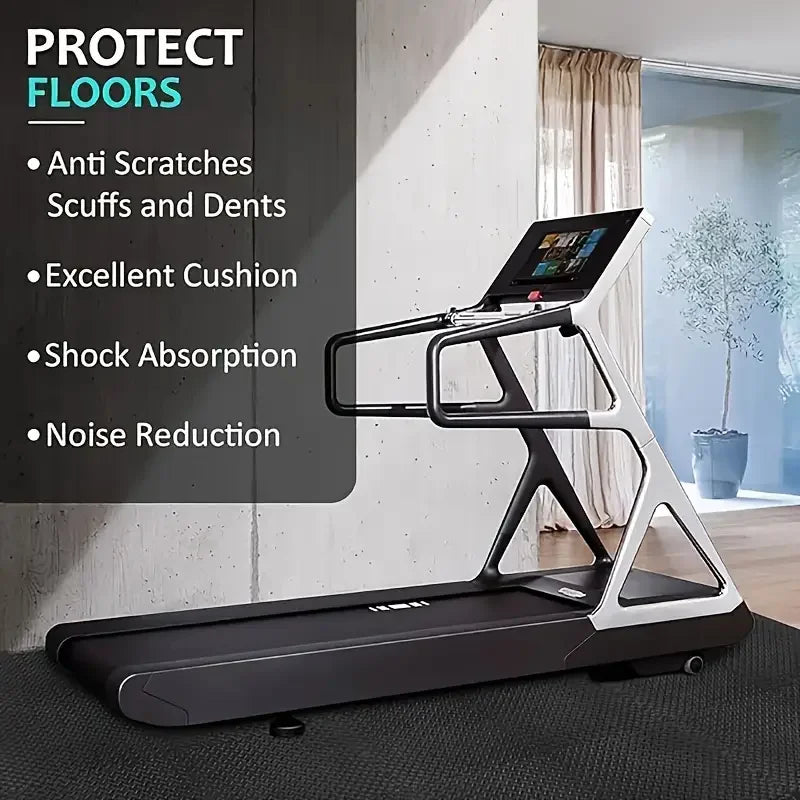 Treadmill with features listed on a gray background