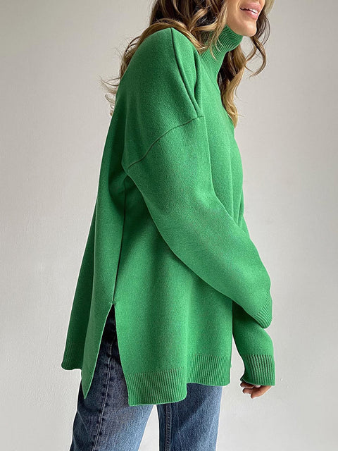 Turtleneck Side Split Sweater Women Oversized Soft Warm Pullover Casual Winter Fashion Top