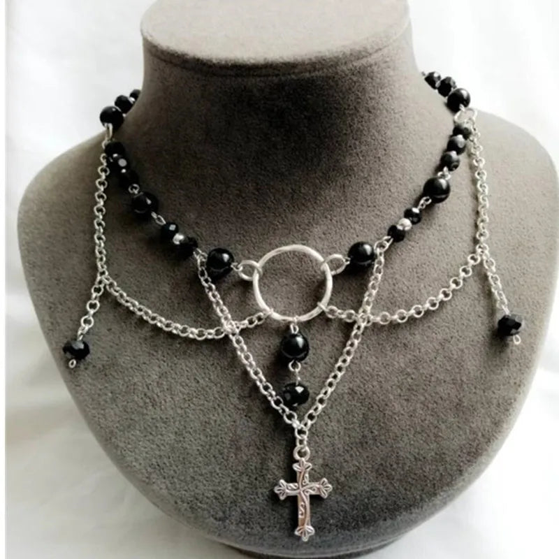 Black Angel Fairy Core Necklace Cross Charm Necklace Crystal Choker Onyx Jewelry Gemstones