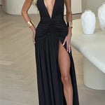 Elegant Halter Maxi Dress with High Slit in Deep Burgundy Black & White Colors