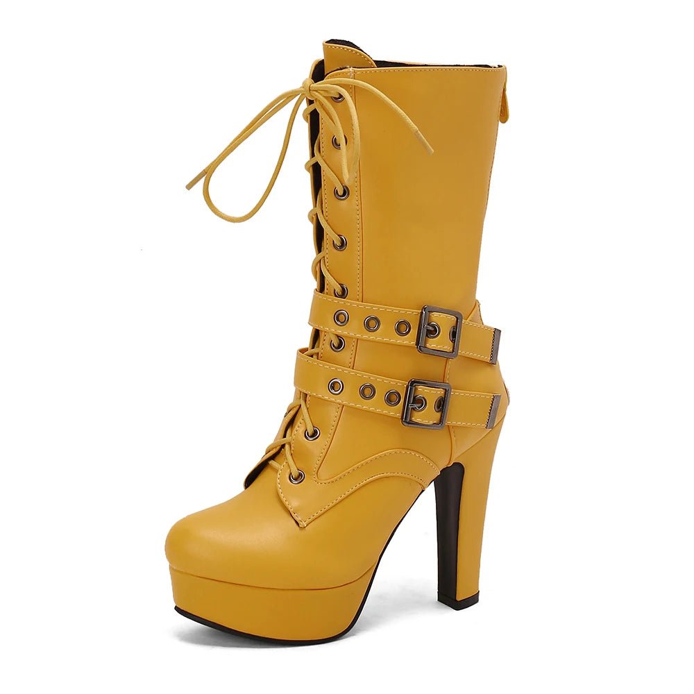 Yellow high-heeled boot with buckles on a white background