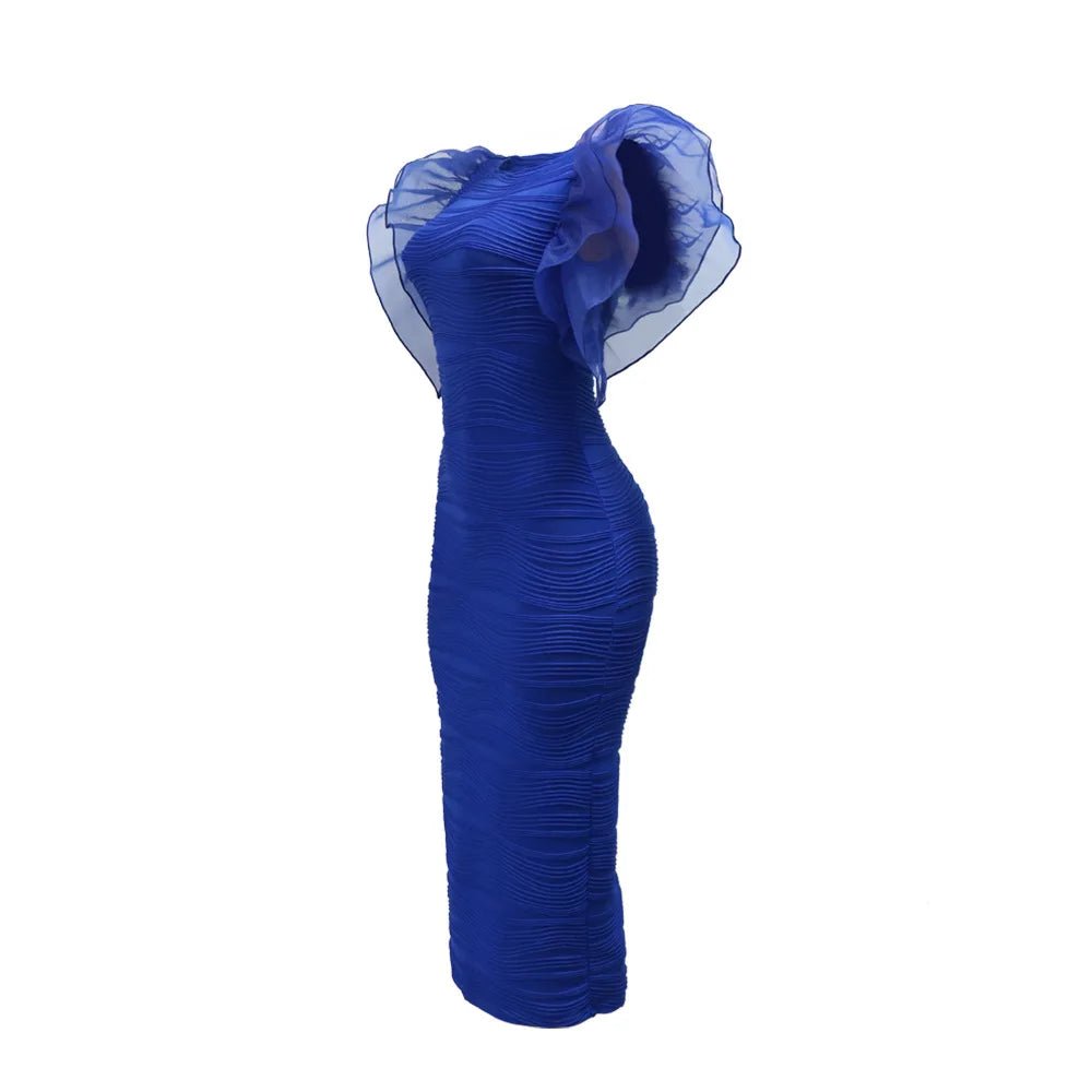 Elegant Hot Striped Bodycon Midi Dress with Sheer Ruffle Sleeves