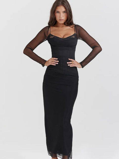 Maxi Dress Women Long Sleeve Patchwork Lace Double Layer Mesh Elegant Party Clubwear Spring Autumn