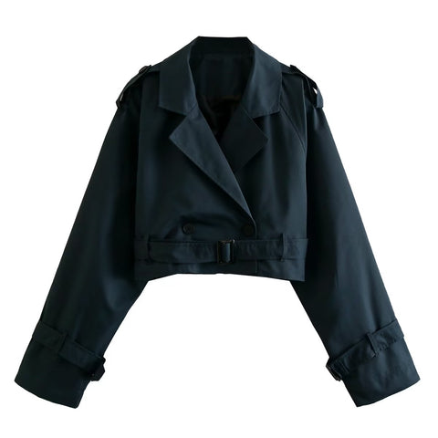 Double Breasted Short Jacket Women Chic Casual Loose Belt Stylish Outerwear Fashion Coat