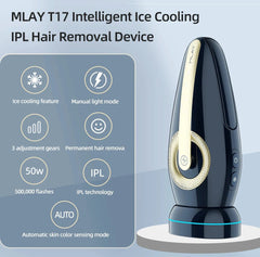 MLAY T17 Intelligent Ice Cooling IPL Hair Removal Device with features listed on a blue background