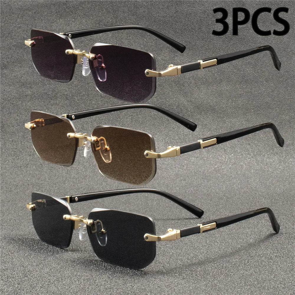 Three pairs of sunglasses with black and gold frames on a gray background, labeled '3PCS'.