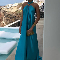 Spring Summer Women's Maxi Party Dress Solid Color Blue Sexy Long Dress Boutique Fashion Women A-line Evening Dress
