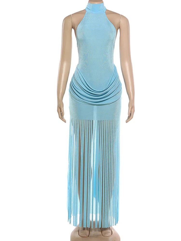 Light blue dress with fringe on a mannequin against a white background