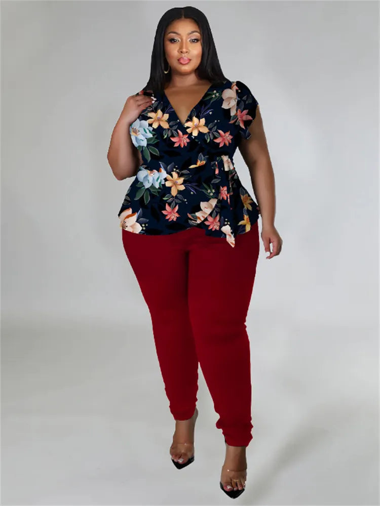 Women's Plus Size 2-Piece Pant Sets Spring/Summer Printed Top Solid Matching Leggings Pant Suits