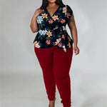 Women's Plus Size 2-Piece Pant Sets Spring/Summer Printed Top Solid Matching Leggings Pant Suits