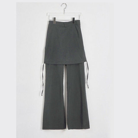 Wide Leg Pants Women Solid Elastic Waist Loose Faux 2-Piece Casual Comfortable Fashion