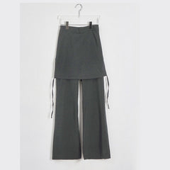 Women Solid Color Elastic Waist Loose Wide Leg Pant Fake Two Piece Casual Trousers