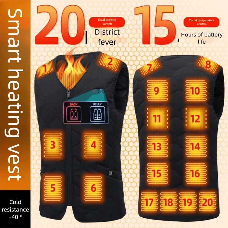 Smart heating vest with digital display and heating elements on a beige background