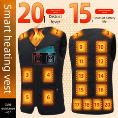 Smart heating vest with digital display and heating elements on a beige background