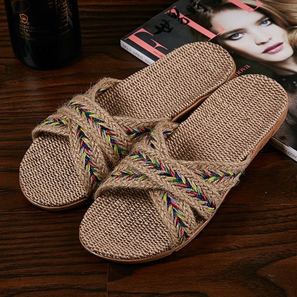 Hemp Cross Strap Slippers Women Natural Moccasin Comfy Multicolor Home Summer Casual Fashion