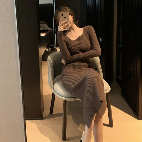 Long Sleeve Knit Sweater Dress Women Elegant Slim Vintage One-Size Party Casual Fashion Dress