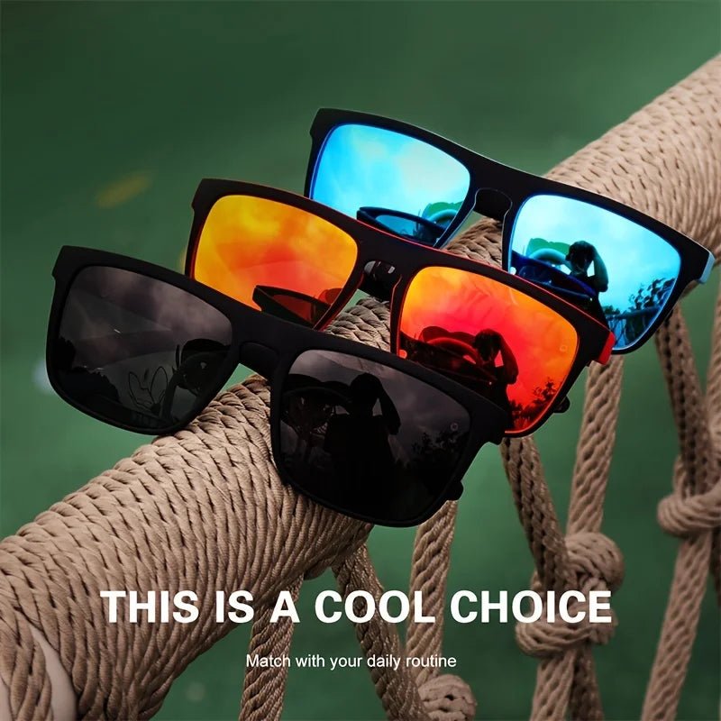 Three pairs of sunglasses with reflective lenses on a textured surface with text 'THIS IS A COOL CHOICE'.