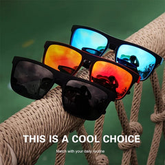 Three pairs of sunglasses with reflective lenses on a textured surface with text 'THIS IS A COOL CHOICE'.