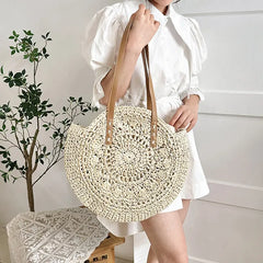Handcrafted Round Straw Woven Beach Tote Bag Vacation Beach Hollow Out Shoulder Bag
