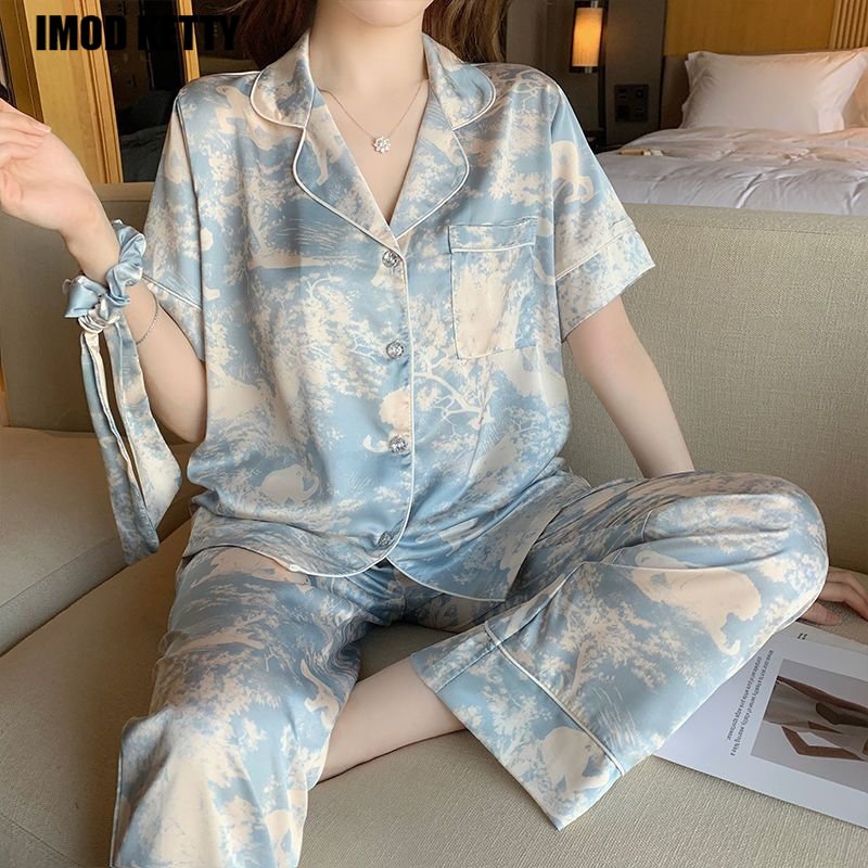 Casual Loose Top+ Pajamas Set Short Sleeve Pajama Top & Pant for Women