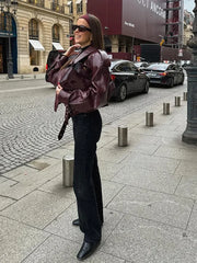 Women's Lapel Long Sleeved Short Faux Leather Jacket Chic Slim Chery Red Cropped Coat  New Fashion Street Party Jacket